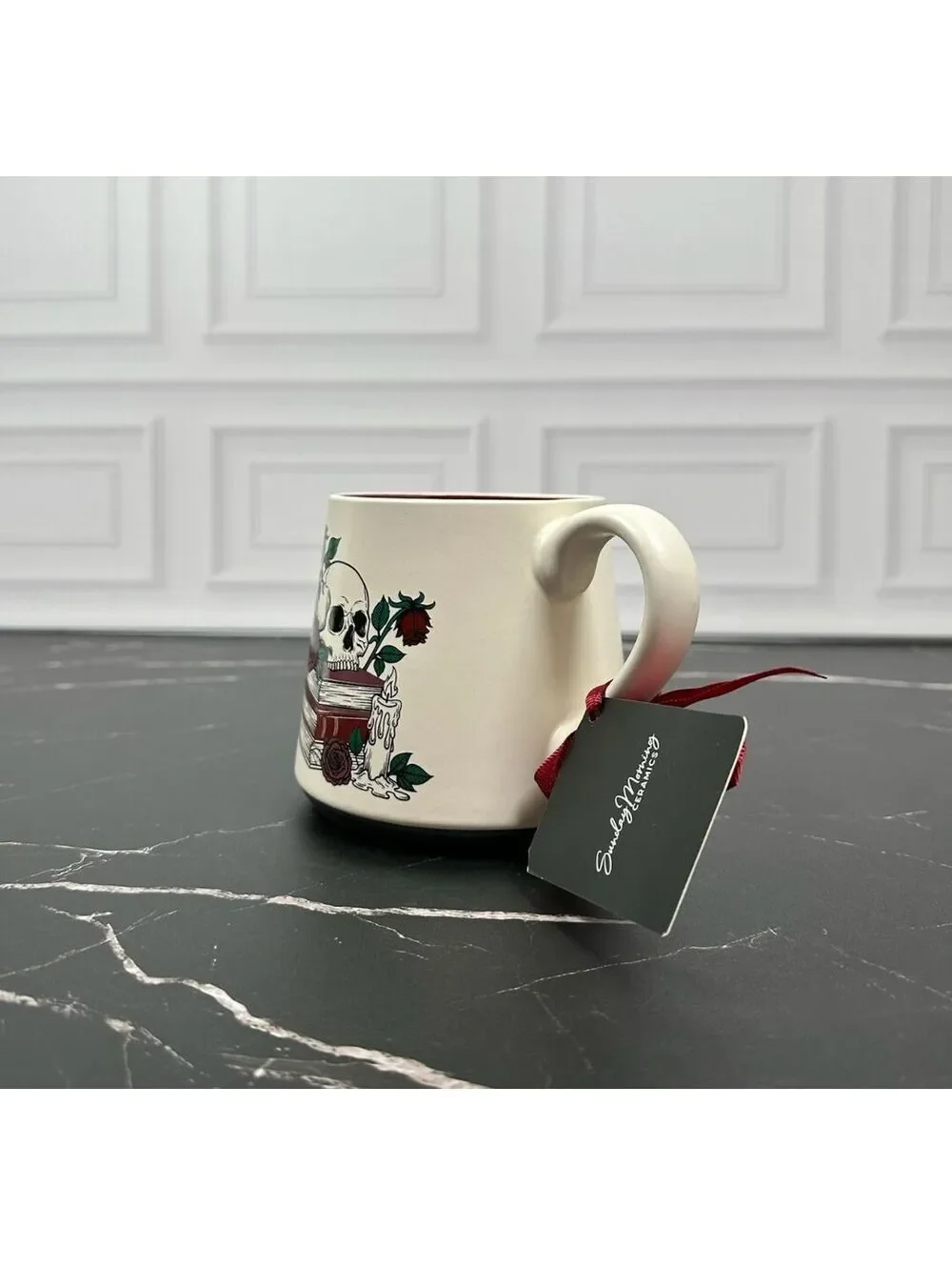 Sunday Morning Ceramics Mug with Skull, Books, and Roses Design Coffee Cup